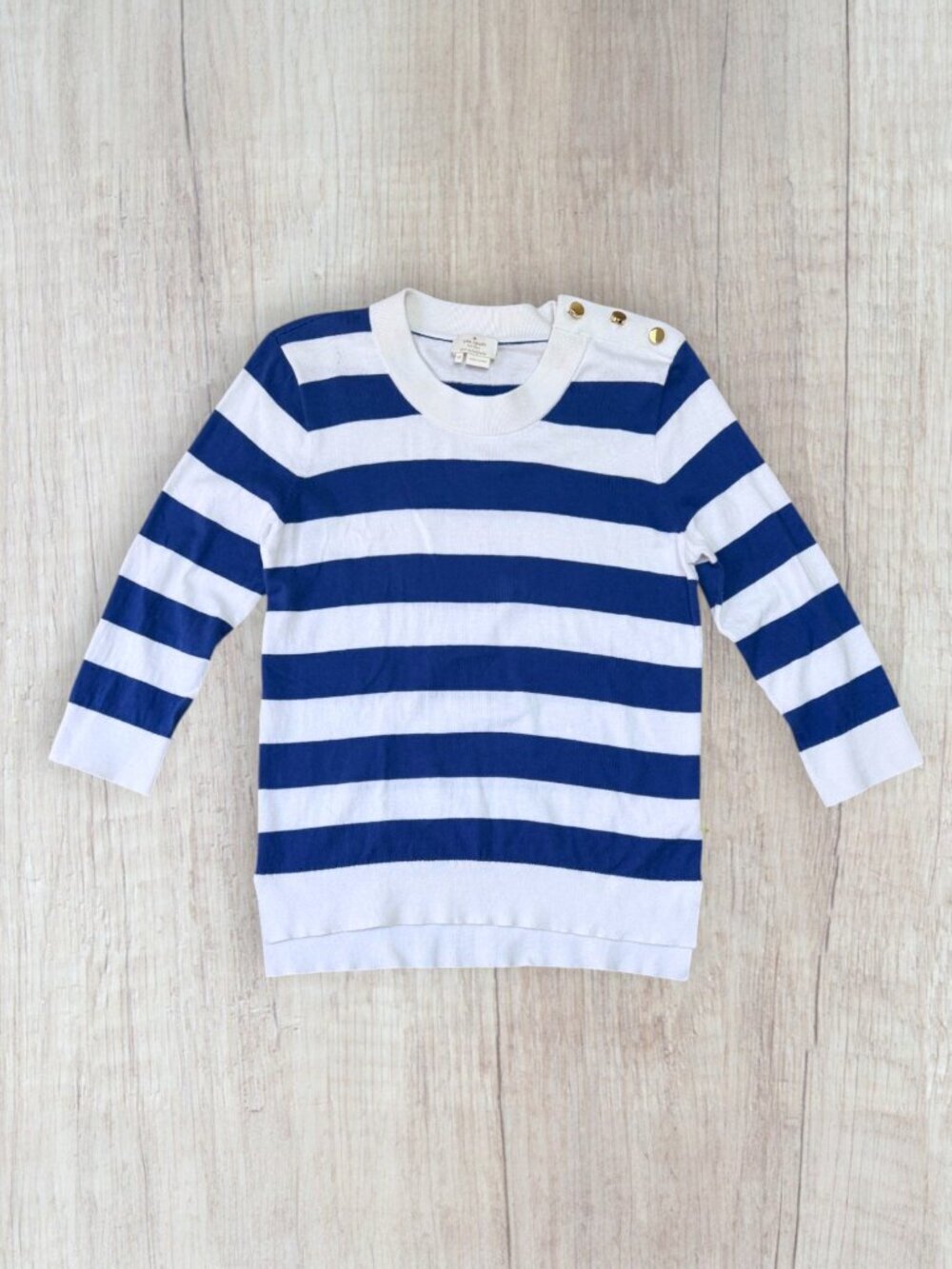 Kate Spade Blue White Striped Nautical Sweater Gold Button Shoulder Top Preppy M
